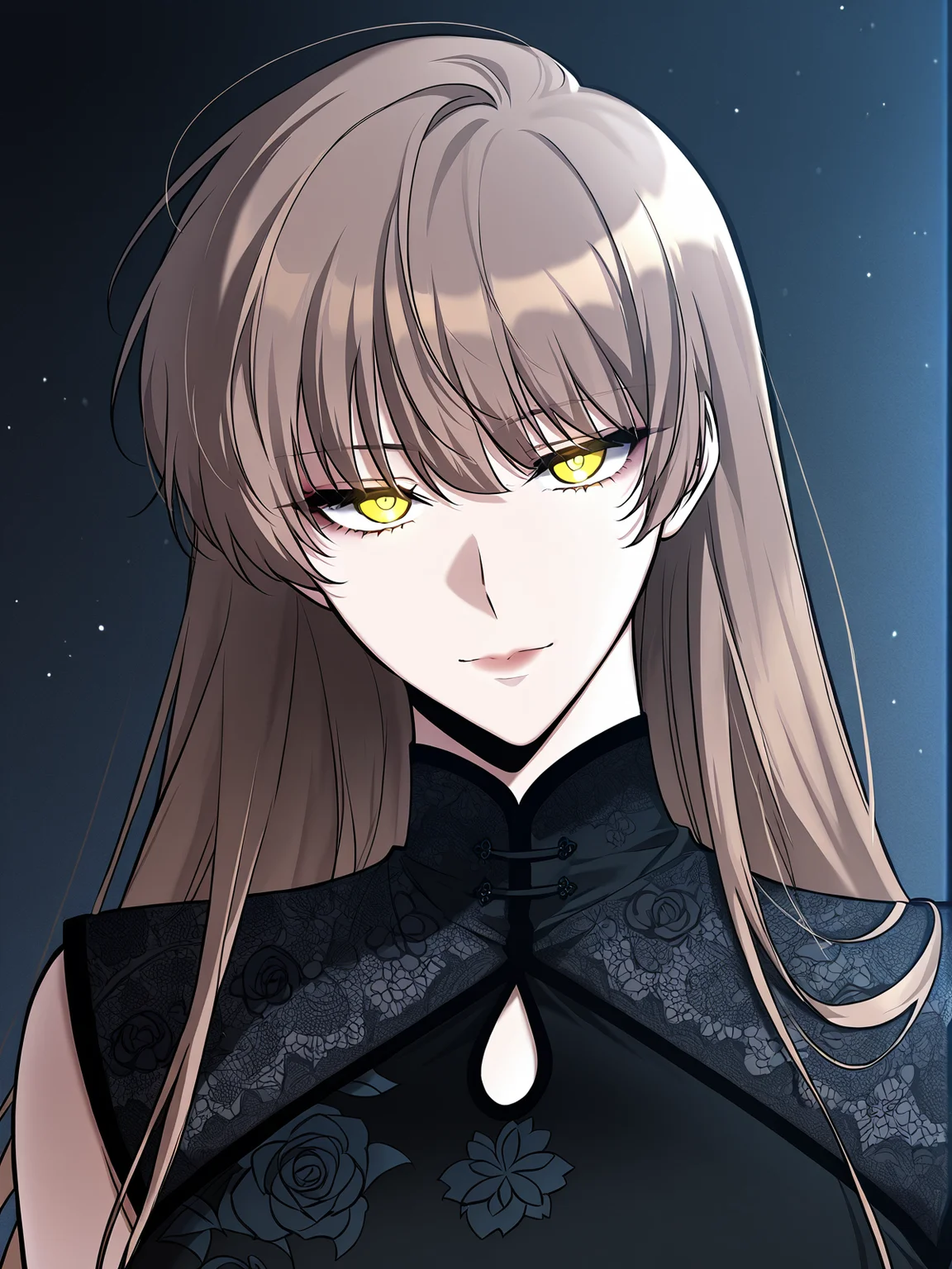 <lora:Omniscient_Readers_Viewpoint__Persephone:1>
1girl, solo, long hair, straight hair, brown hair, bangs, yellow eyes,
black dress, sleeveless dress, high slit dress, floral pattern, lace trim, garter belt, thigh high stockings, black high heels,
score_9, score_8_up, score_7_up, score_6_up, source_anime, rating_explicit, masterpiece, best quality, intricate details, gothic fantasy, upper body portrait, dramatic pose, confident gaze, cinematic lighting, clean background, glowing magical particles, detailed face, vibrant colors