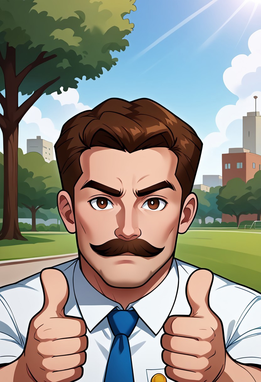 park neighborhood, park background, day, day time, 2d, 1male, masterpiece, best quality, extreme detail, brown hair, pale-skinned male, mustache, tie, short sleeves, thumbs up,
close up, upper body, blank expression, looking at viewer