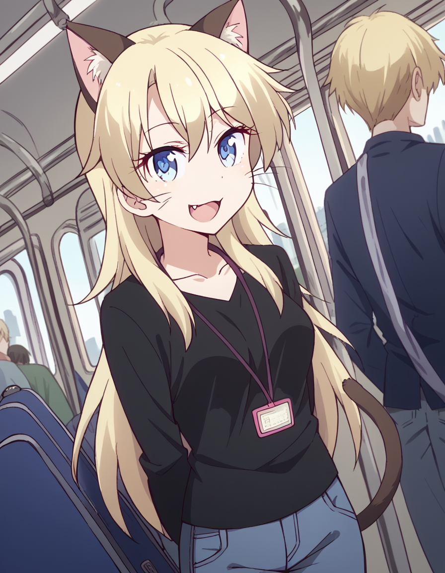 score_9, score_8_up, score_7_up, source_anime, <lora:kou-yagami-s2-ponyxl-lora-nochekaiser:1>, kou yagami, long hair, blue eyes, blonde hair, medium breasts,, shirt, collarbone, pants, black shirt, id card, lanyard, denim,, train station, waiting for train, suitcase, traveling, commute, city skyline, hands behind back,, smile, <lora:paw-pose-ponyxl-lora-nochekaiser:1>, paw pose, cat ears, cat tail, animal ears, tail, cat girl, open mouth, fang, whiskers,, looking at viewer, solo,, dutch angle, cowboy shot