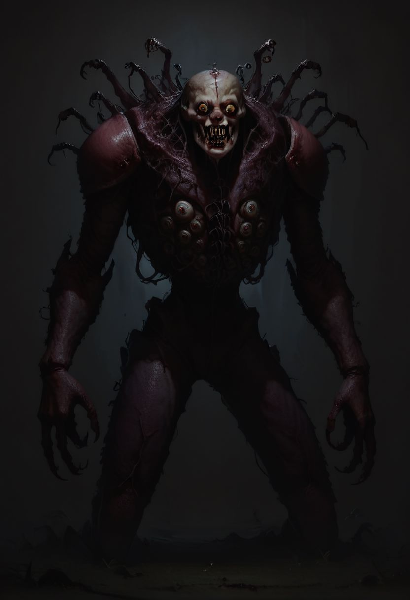 Score_9, score_8_up, score_7_up, (body horror:1.1), reptilian mutant, sewn together, reanimated, fleshmutant,  scale armor, preying, stalking, flash photography in the dark, swarms, concept art, realistic, dark theme, low light, h3ll1sh, compound eyes, human limbs,