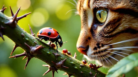 An ultra-realistic macro shot capturing a vivid red ladybug mid-crawl along a thorny green stem, feeding on a cluster of brown aphids. The ladybugâs shell is glossy, dappled with black spots, with highlights reflecting soft natural light. Its tiny legs cling precisely to the spiky plant surface, and its black mandibles are engaged with prey. The plant is richly detailed with thorns, resin beads, and white hairs, crawling with other tiny aphids of varying sizes. Every detail is rendered in high-fidelity realism: the insectâs glistening wing casings, the transparent aphid limbs, and the fine leaf textures. Peering curiously from the right edge of the frame is a partial cat faceâonly one luminous green eye, a patch of short tabby fur, and the curve of its soft pink nose are visible. The cat's whiskers are in gentle focus, and its eye is locked directly onto the ladybug, wide with fascination. Its proximity creates a dramatic sense of scaleâthe cat appears enormous compared to the miniature insect world it is silently observing. The tension is palpable but delicate; the cat does not strike, it simply gazes. The background is a soft, defocused wash of warm greens, evoking dense summer foliage. There are no distractionsâonly creamy bokeh created by the shallow depth of field. Shot with a Canon RF 100mm f/2.8L macro lens on a Canon EOS R5 using a shallow aperture around f/3.5, this image captures minute environmental detail and tactile textures with cinematic sharpness. Diffused macro ring lighting provides clean, shadowless illumination, perfect for documentary-style insect close-ups. The overall composition evokes natural curiosity, an intimate crossover of two worldsâfeline and insect. Still, quiet, and full of tension, this moment blurs the line between predator and observer, <lora:HiDreamStyle:0.7> aidmaHiDreamStyle, <lora:aidmaMJv7:0.6> aidmamjv7