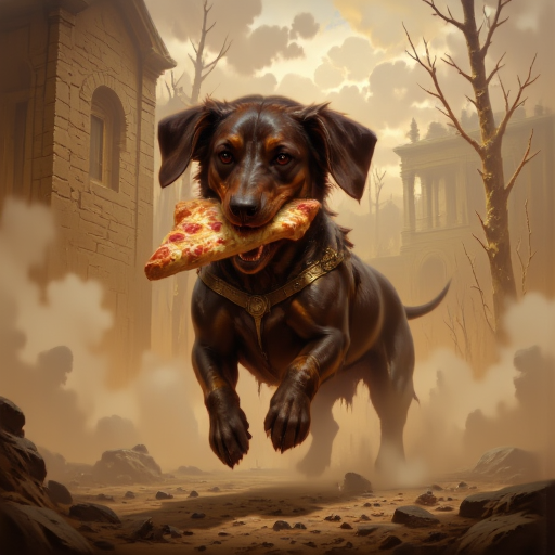 DFOP-V3.0 style oil painting that features a dachshund running away with a big slice of pizza in his mouth