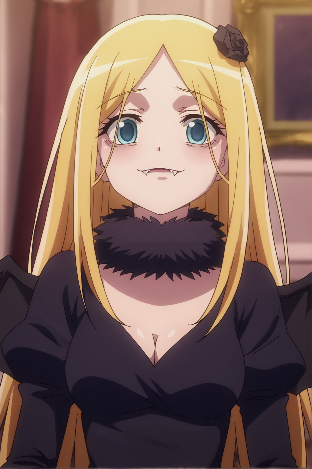 score_9, score_8_up, score_7_up,anime_source, source_anime, best background, detailed background, anime screencap,  Dark Renner, fur collar, fur trim, fangs, cleavage, black dress, long sleeves, solo, bat wings, yandere face, scary face, <lora:JN_Dark_Princess_Renner:0.8>
