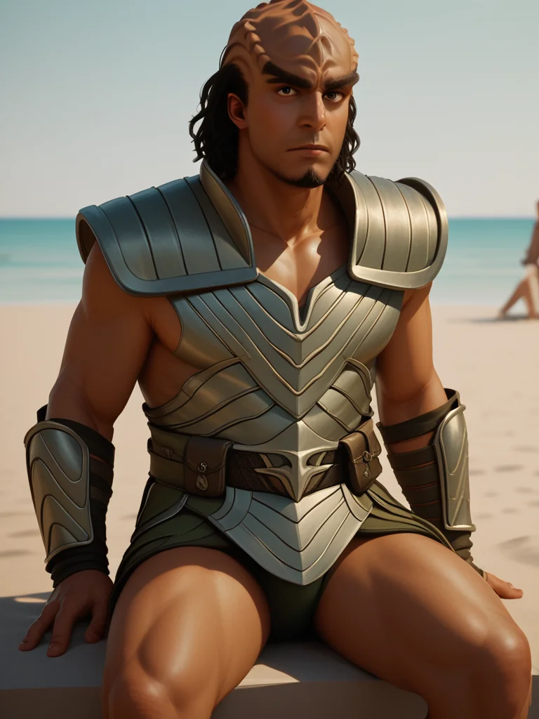 sitting at the beach holding a pina colada <lora:Klingon_v2_pony:1> score_9,score_8_up,score_7_up,score_6_up,score_5_up,score_4_up , 1man, kling0n alien, large forehead ridges, brown skin, large eyebrows, wearing warrior armor,