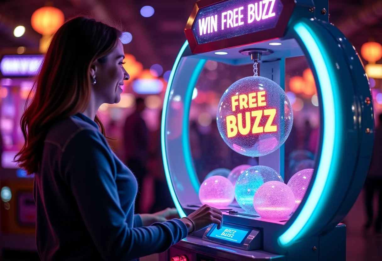 Inside a bustling neon-lit arcade, a young woman stands before a futuristic claw machine, which glows with a rainbow of neon lights. The machineâs top panel flashes the words "Win Free Buzz" in bold, electrified letters. Inside the machine, a variety of glowing orbs swirl around, with a large, shining orb at the center displaying the text "Free Buzz" in radiant holographic lettering. The womanâs face lights up with triumph as she holds up the glowing orb sheâs just won. <lora:None:1>