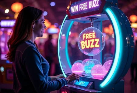 Inside a bustling neon-lit arcade, a young woman stands before a futuristic claw machine, which glows with a rainbow of neon lights. The machineâs top panel flashes the words "Win Free Buzz" in bold, electrified letters. Inside the machine, a variety of glowing orbs swirl around, with a large, shining orb at the center displaying the text "Free Buzz" in radiant holographic lettering. The womanâs face lights up with triumph as she holds up the glowing orb sheâs just won. <lora:None:1>