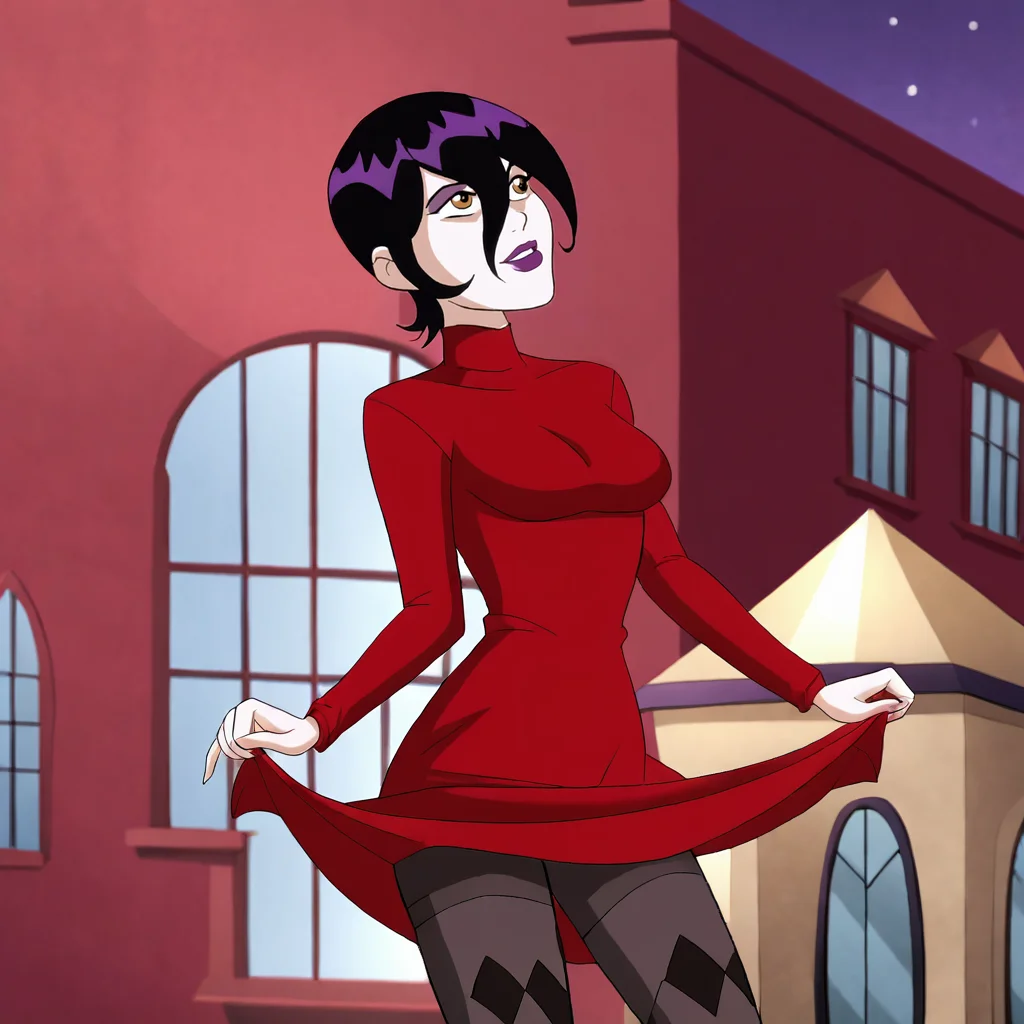<lora:FoaraLooneyTunes_pony_v1:1>  FaoraLooneyTunes, 1girl, lipstick, makeup, short hair, black hair, medium breasts,  hair between eyes, purple lips, cowboy shot,  <lora:0965 Home wear 12_v1_pony:1> ruanyi0965,red dress,short dress,black pantyhose,argyle legwear,turtleneck,dress lift,bottomless,long sleeves