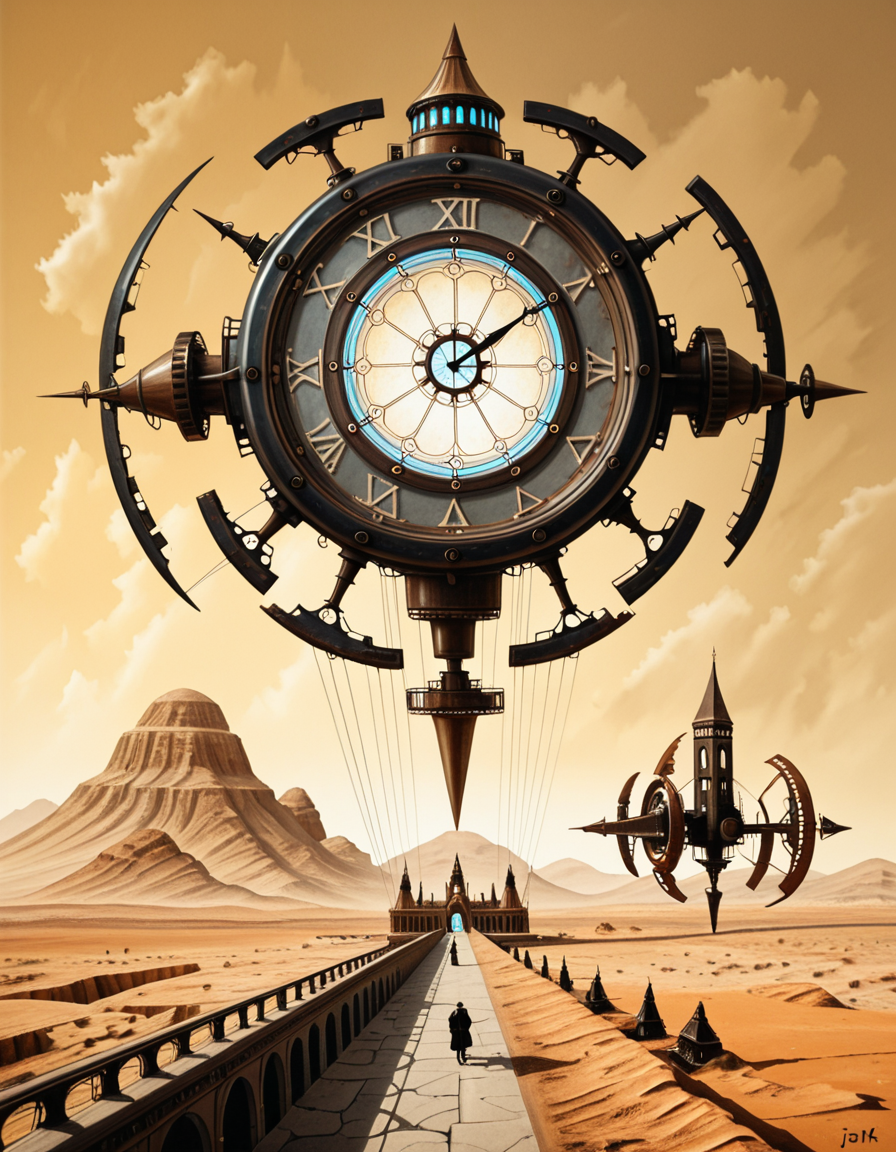 A surreal, dreamlike painting in the style of JarosÅaw Jasnikowski, depicting a gigantic mechanical insect-like cathedral walking across a cracked desert landscape. The cathedral is mounted on insect legs made of bronze and copper, with gears and steam vents along each joint. The architecture is gothic, with tall spires, stained glass windows glowing from within, and massive rotating clock faces embedded in its towers. In the background, a distorted horizon under a greenish-yellow sky, with floating islands and broken bridges suspended mid-air. A small group of cloaked figures watches the walking structure from the foreground, their long shadows cast across the dry, dusty ground. The entire scene is bathed in a surreal light, blending soft golds and dark shadows, giving it a mystical and post-apocalyptic atmosphere. Details are rich with fine mechanical engravings, absurd physics, and metaphysical symbolism, echoing Jasnikowskiâs signature surrealism and imaginative science-fiction fantasy.<lora:SDXLFaeTastic2400:0.4> <lora:extremely_detailed:0.4> extremely detailed, <lora:JarosÅaw_J4sn1k0wsk1_r1:1>,JarosÅaw J4sn1k0wsk1 <lora:JarosÅaw_J4sn1k0wsk1:1>, Masterpiece,best quality,hi res,8k,hi res,8k,award winning,(sharp focus, intricate, highly detailed),