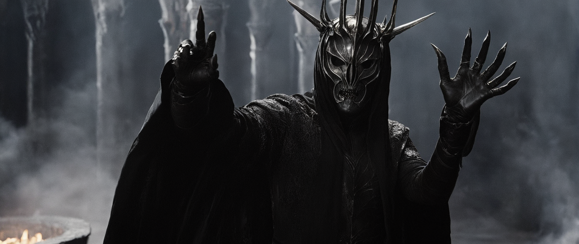 Horror-themed,  <lora:The Lord of the Rings style v2:0.8>
 <lora:The Lord of the Rings style:0.6>
 <lora:Chiaroscuro Lighting Style:0.4>
In a Fantasy Middle-earth world in the dark ages Sauron Mairon Annatar a faceless demonic person with a face fully covered in a metallic demonic armor in a black outfit holding a ring in their dark black hand pointed at camera, The Lord of the Rings style, Eerie, unsettling, dark, spooky, suspenseful, grim, highly detailed