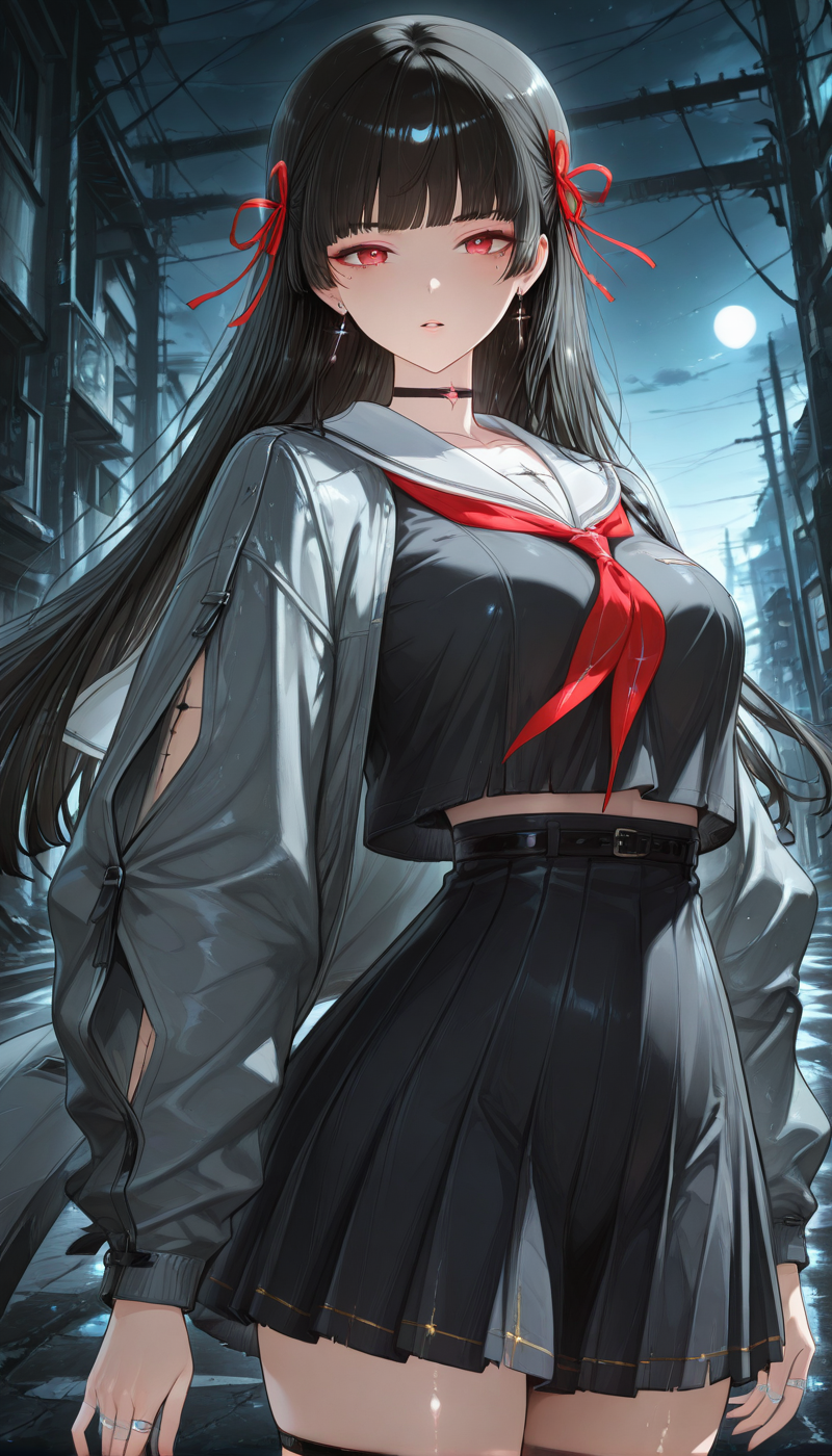 <lora:LCMTurboMix_Euler_A_fix:1> <lora:example_SDXL:0.3>, EZRealPONYXL, <lora:Dramatic Lighting Slider:3>
DSLR,realistic,cosplay photo, (very awa,masterpiece,best quality,year 2024,newest,absurdres,highres:1), realistic,skin texture,facial features, photography shot with Canon EOS 5D Mark IV , realistic, RAW, best quality, masterpiece, amazing quality, skin details,
1girl, highly detailed beautiful face, large natural breasts,
detailed background, shiny skin, dutch angle, night, moonlight,
beautiful detailed eyes, intricate details, absurdres, anime screencap,
 <lora:Chisa_WWave_ILXL_kill0825:1>
WWChisa, long hair, breasts, black hair, red eyes, hair ribbon, earrings, parted lips, mole, red ribbon, mole under eye, black choker, cross, hime cut, cross earrings, latin cross, blunt bangs, straight hair,
shirt, skirt, long sleeves, ribbon, jewelry, jacket, school uniform, collarbone, earrings, pleated skirt, open clothes, serafuku, black skirt, sailor collar, open jacket, red ribbon, black shirt, neckerchief, thigh strap, black choker, ring, cross, red neckerchief, white sailor collar, black serafuku, grey jacket, midriff peek, multiple rings, necktie, miniskirt, crop top, high-waist skirt, crop top overhang, 
cowboy shot, looking at viewer, standing, close up, dynamic pose,