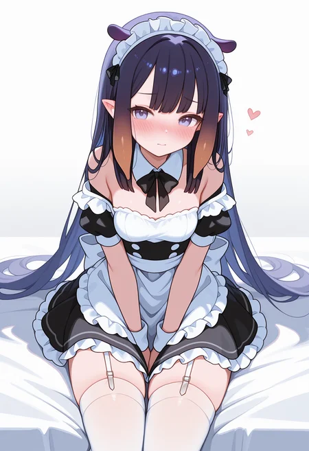masterpiece, best quality, newest, absurdres, highres, koahri, 1girl, tentacle hair, solo, virtual youtuber, long hair, thighhighs, maid, maid headdress, pointy ears, alternate costume, multicolored hair, blush, garter straps, bangs, apron, white thighhighs, gradient hair, sidelocks, ninomae_ina'nis,<segment:yolo-AnzhcFace-seg_640_v3_y11n.pt-1,0.2,0.5//cid=11>
