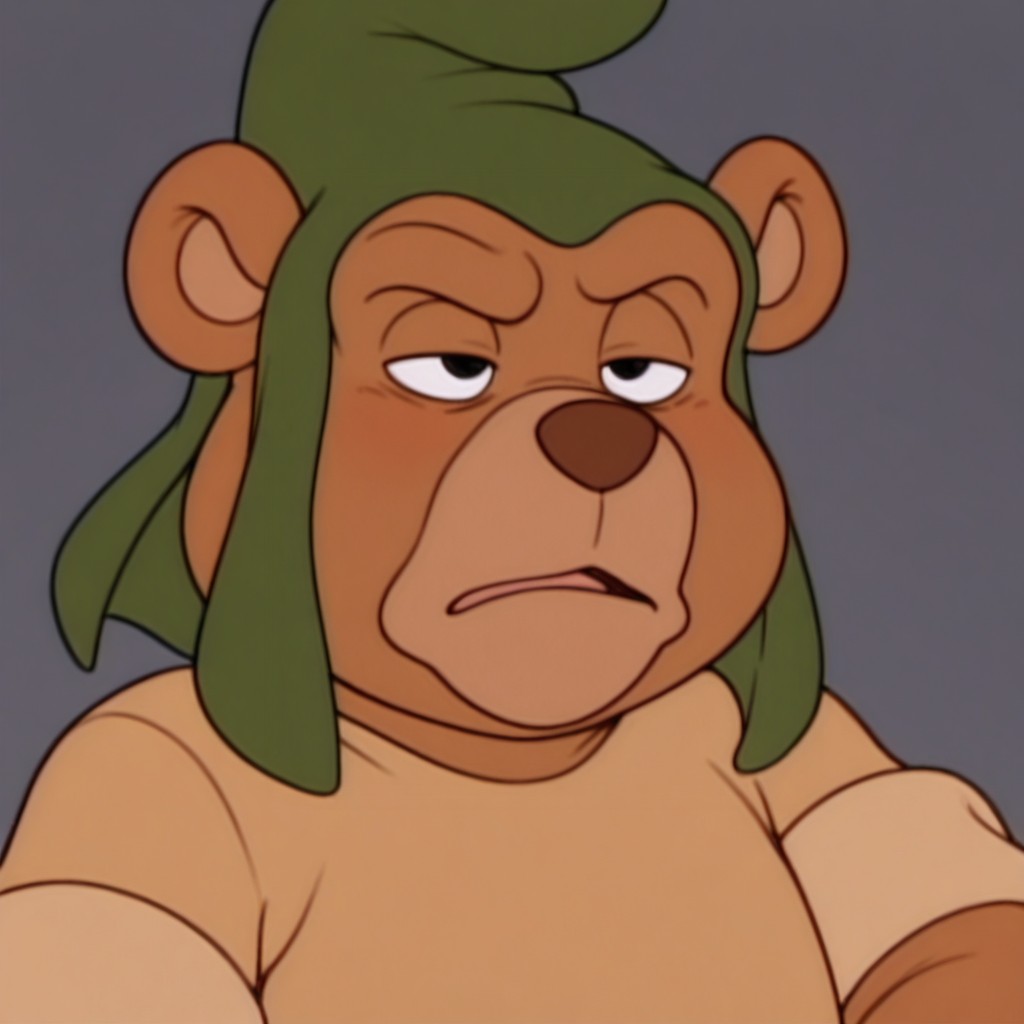 masterpiece, best quality, amazing quality,  gruffi, male, furry male, anthro, solo, bear, brown fur, black eyes, tan muzzle, brown nose, paw pads, short, green hat, brown shirt, brown belt, tired, exhausted, close up, portrait, grey background