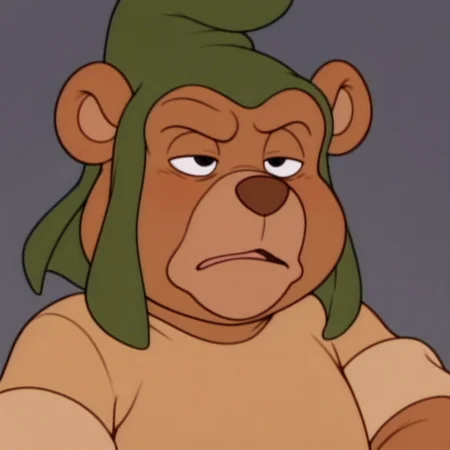 masterpiece, best quality, amazing quality,  gruffi, male, furry male, anthro, solo, bear, brown fur, black eyes, tan muzzle, brown nose, paw pads, short, green hat, brown shirt, brown belt, tired, exhausted, close up, portrait, grey background