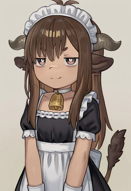 goratallow, white pupils,
neck bell, choker, maid outfit, >:}