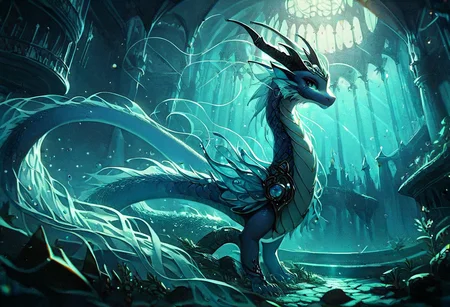 <lora:Kenva:1.0> score_9,score_8_up, score_7_up  knva, halftone effect, epic composition, masterpiece, underwater scenery,  (elegant water dragon  guarding the sunken ruined castle, Spirit Animal), very aesthetic, dramatic lighting, volumetric lighting, ultra sharp, best quality, anzhcdreamwave