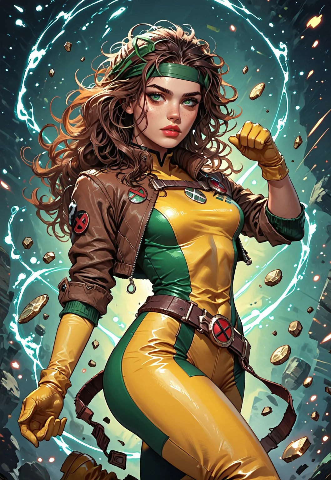 ((zPDXL3)), ((masterpiece,best quality, highly detailed)), ((score_9)), score_8_up, score_7_up, score_6_up, score_5_up, score_4_up, Digital painting style, brushstrokes, ((EnhanceImage)), solo, 1girl, RogueXMXL, green eyes, lipstick, brown hair, two-tone hair, long hair, messy hair, headband, big breasts, cropped jacket, brown jacket, yellow bodysuit, long bodysuit, yellow gloves, belt, yellow boots, pin-up pose, pin-up art, 
Expressiveh, 30yo, adult lustful confident woman, petite, slender body, perky saggy natural breasts, full lips, bangs, sidelocks, straps,
chinese magical sorceress, animated, swirling magic, wisps of magic, ((dancing pose)), tight squeezed outfit, magical accessories, evoking motion, conveying motion, dynamic splash art, 
<lora:PainterlyFantasiaPDXL:0.6>,
