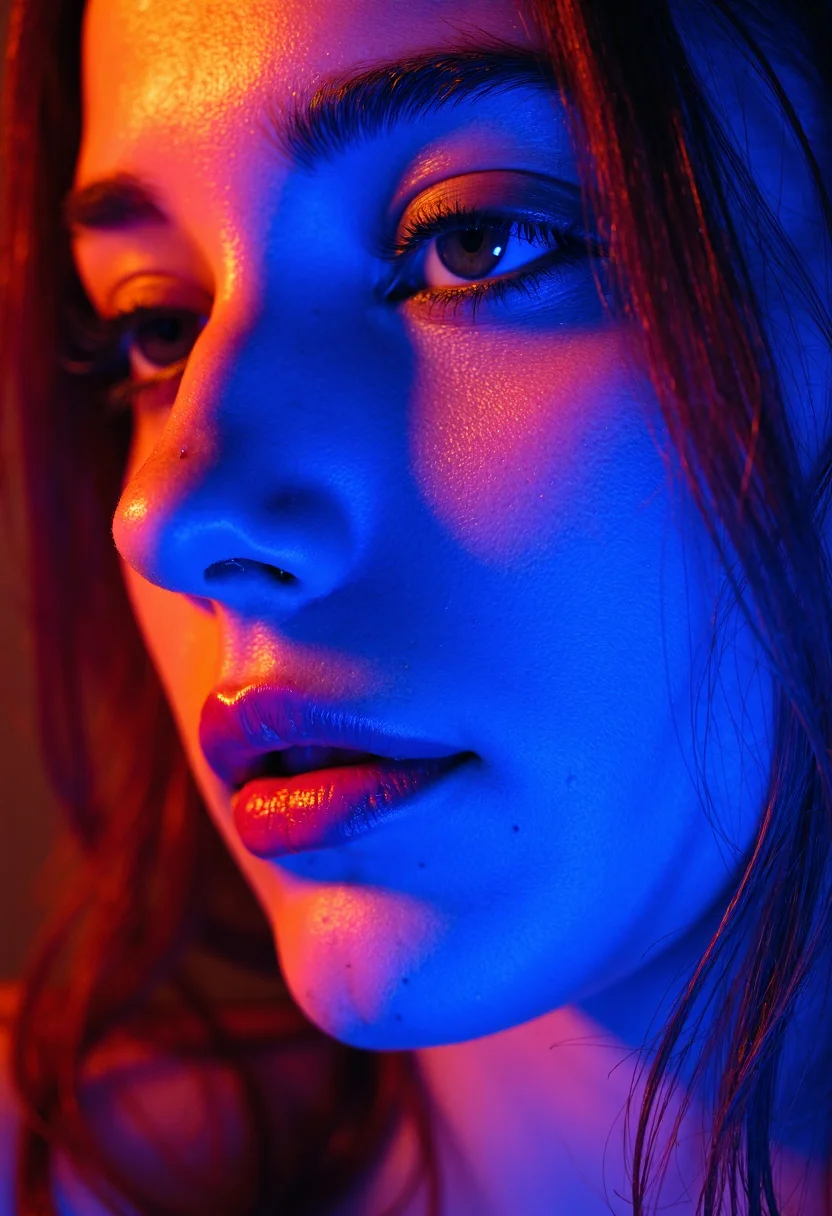 Close-up of a young woman’s face, early 20s, european descent, illuminated by vibrant blue and orange lighting, creating a dramatic contrast across her skin. Her features are partially obscured by shadows, with strands of light brown hair cascading down her face, catching the warm hues. Her makeup is subtle, enhancing her natural features, with a light sheen on her lips and skin. The image captures the texture of her skin and the reflection in her eye, focusing on the interplay of colors and light. Blurred background, high contrast lighting, intimate and artistic composition., 