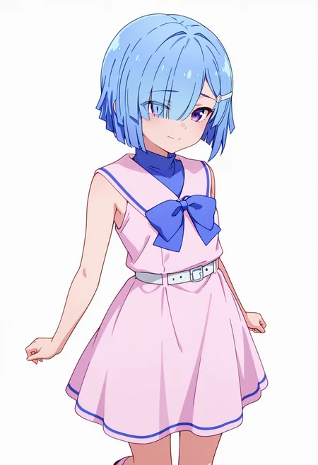 masterpiece,high quality details, absurdres,
<lora:Imose_Mimika:0.8>
mimika_cnr, 1girl, blue hair, short hair, hair over one eye, purple eyes,eyes visible through hair,hairclip,
mimika_s1, sleeveless, pink dress, sailor collar, white belt, bow,bowtie,pink socks,mary janes,, simple background, white background, front view,solo,, expressionless,sad smile,, body twisted at midsection,weight shifted,focused gaze,