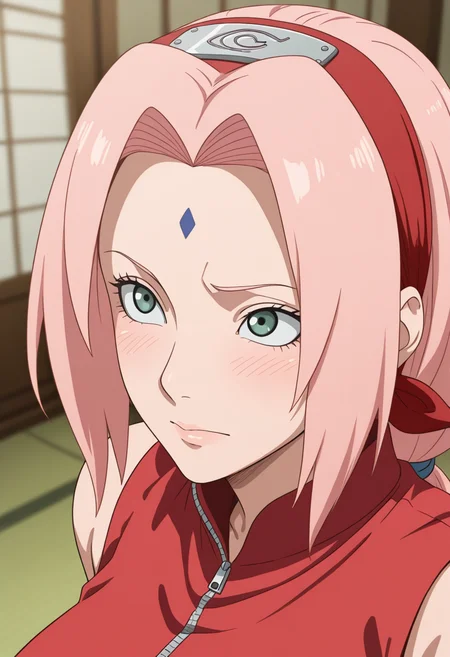 masterpiece, best quality, amazing quality, very aesthetic, absurdres, best quality, newest, ultra-detailed,
4k, depth of field, gradual blur, blurry background,
babu_style,
1women, haruno sakura, milf, 40 years old, 120mm,
closed mouth,
green eyes,
hairband,
looking up,
pink hair,
portrait,
red hairband,
red shirt,
shirt,
sleeveless,
solo,
zipper,
zipper pull tab,
 <lora:toster_style-000010:1>