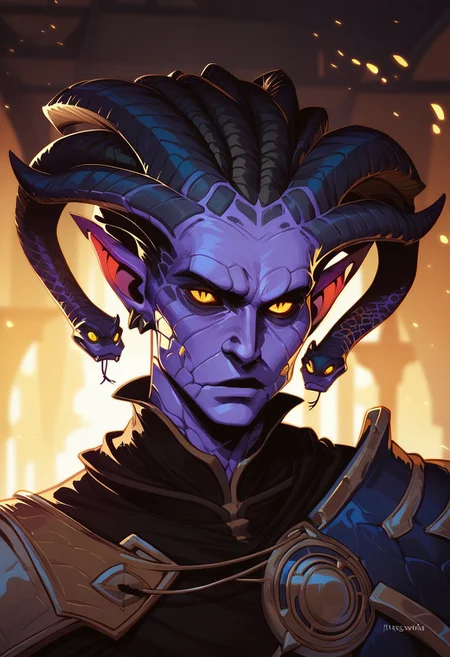 score_9, score_8_up, score_8, score_7_up, score_7, score_6_up, score_6, score_5_up, bulky tiefling, (black tipped horns:1.2), (snake hair, black snake hair), purple skin, runes, shoulder armor, spikes, wizard robes, black clothing, claws, masculine face, wide jawline, emotionless expression, yellow eyes, vox machine style, 1boy, male focus, solo, close up portrait , fantasy, night background, (dynamic lighting:1.1)
((masterpiece))