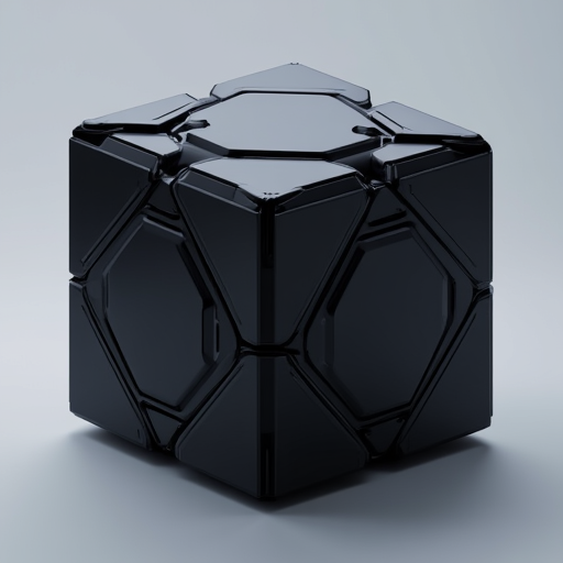 M1CR0CUB3D. This is a high-quality CGI rendering of a futuristic, geometrically complex cube. The cube is rendered in a sleek, dark, metallic material, giving it a high-tech, sci-fi appearance. The cube is composed of numerous interconnected, angular fragments, with each segment appearing to be made from a shiny, reflective material, possibly a dark metal or advanced synthetic material.