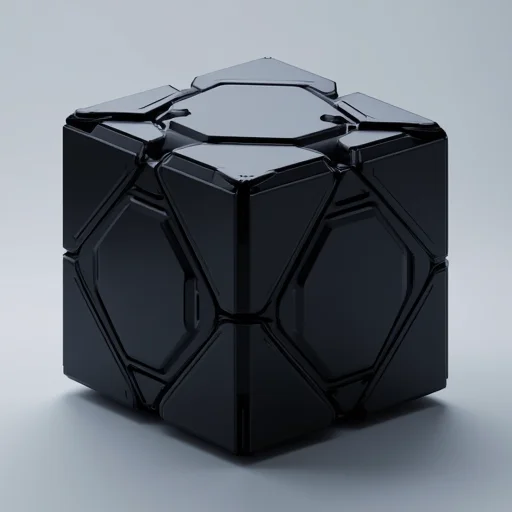 M1CR0CUB3D. This is a high-quality CGI rendering of a futuristic, geometrically complex cube. The cube is rendered in a sleek, dark, metallic material, giving it a high-tech, sci-fi appearance. The cube is composed of numerous interconnected, angular fragments, with each segment appearing to be made from a shiny, reflective material, possibly a dark metal or advanced synthetic material.