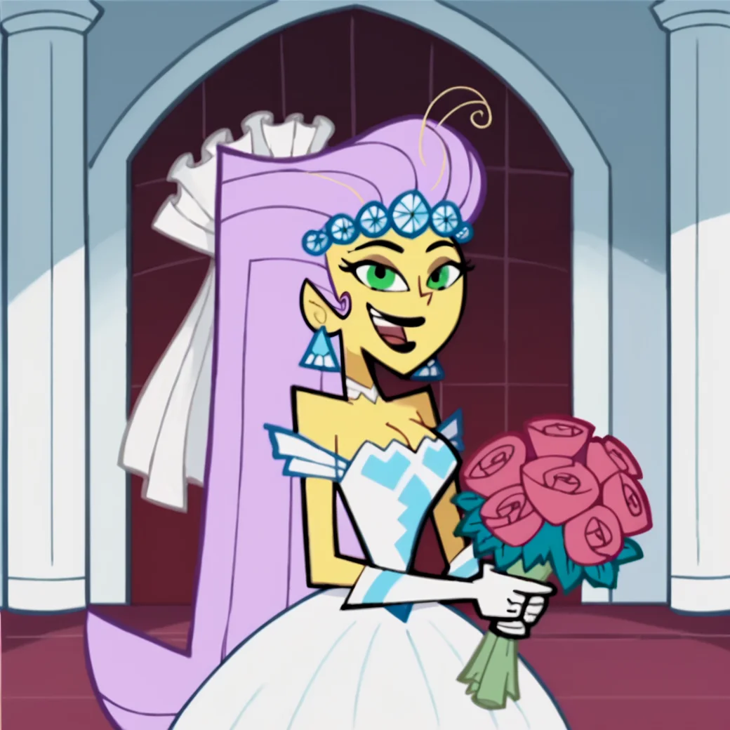 score_9, score_8_up, score_7_up, score_6_up, score_5_up, score_4_up, BREAK, <lora:Princess_Mandie:0.8>, princess mandie, 1girl, solo, breasts, smile, open mouth, gloves, dress, cleavage, jewelry, purple hair, flower, earrings, white gloves, makeup, veil, bouquet, wedding dress, bridal veil, pink hair, long hair, black lips, green eyes, pointy ears, yellow skin, indoors,