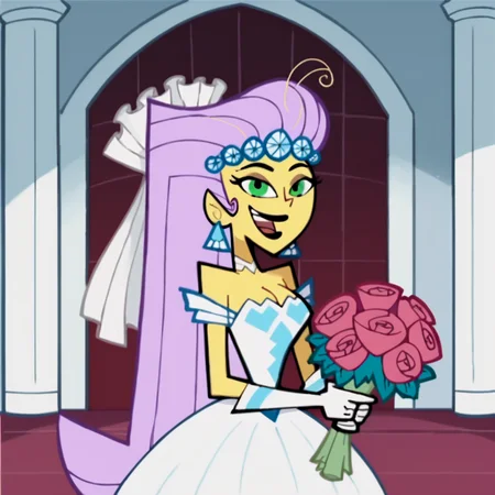 score_9, score_8_up, score_7_up, score_6_up, score_5_up, score_4_up, BREAK, <lora:Princess_Mandie:0.8>, princess mandie, 1girl, solo, breasts, smile, open mouth, gloves, dress, cleavage, jewelry, purple hair, flower, earrings, white gloves, makeup, veil, bouquet, wedding dress, bridal veil, pink hair, long hair, black lips, green eyes, pointy ears, yellow skin, indoors,