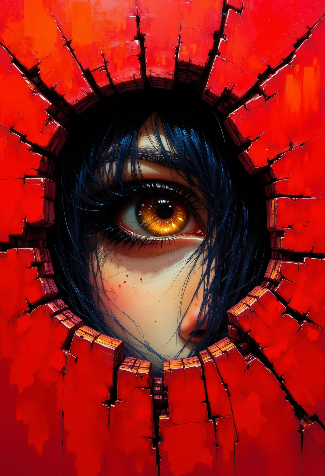 A digital cyberpunk art splash in the style of bo-cyborgsplash, a close-up of a person's face, positioned directly in the center of the frame, looking through a hole in a cracked red wall, the person's brown eye is the focal point of the image, with long, dark eyelashes framing it, the eye's gaze is intense and captivating, with a warm, golden hue that contrasts sharply with the deep red of the wall, creating a striking visual effect, the texture of the cracked wall is visible, with visible cracks and peeling paint, adding depth and realism to the scene, the overall effect is one of intense focus and intensity, drawing the viewer's attention to the eye in the hole, fantastic abstract colorful art splash, high quality, ultra detailed.<lora:boFLUX Cyborgsplash.safetensors:1.2:1.2>