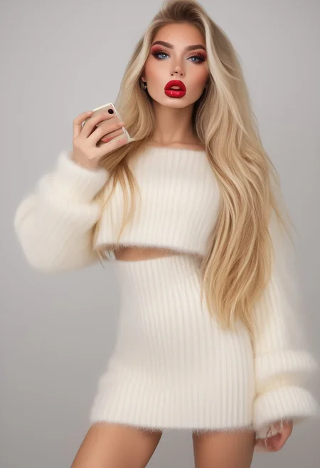 score_9, score_8_up, score_7_up, realistic, hyper-realistic, ultra-realistic, best quality, full body length photo.
Professional photo of LaDy_Bloom.  detailed face, ultra-detailed eyes, white hair, striped, off shoulder Mohair_sweater. Model posing and  (((seducing the viewer))), looking at viewer. Woman with wavy voluminous hair, absurdly long hair, light blue eyes, beautiful realistic eyes, heavy makeup look, including extra (long lashes), (extended eyeliner), filled in brows, wearing a (fur trim, fluffy, fuzzy, shaggy, hairy, hirsute, cream Mohair_sweater):1.7, under-boob sweater ((absurdly long hair, selfie, white dress,  lips,  red lipstick on lips, parted lips, (((bimbo lips))), ((bow shaped lips))), Cupids bow, puckered lips, ultra-detailed lips,