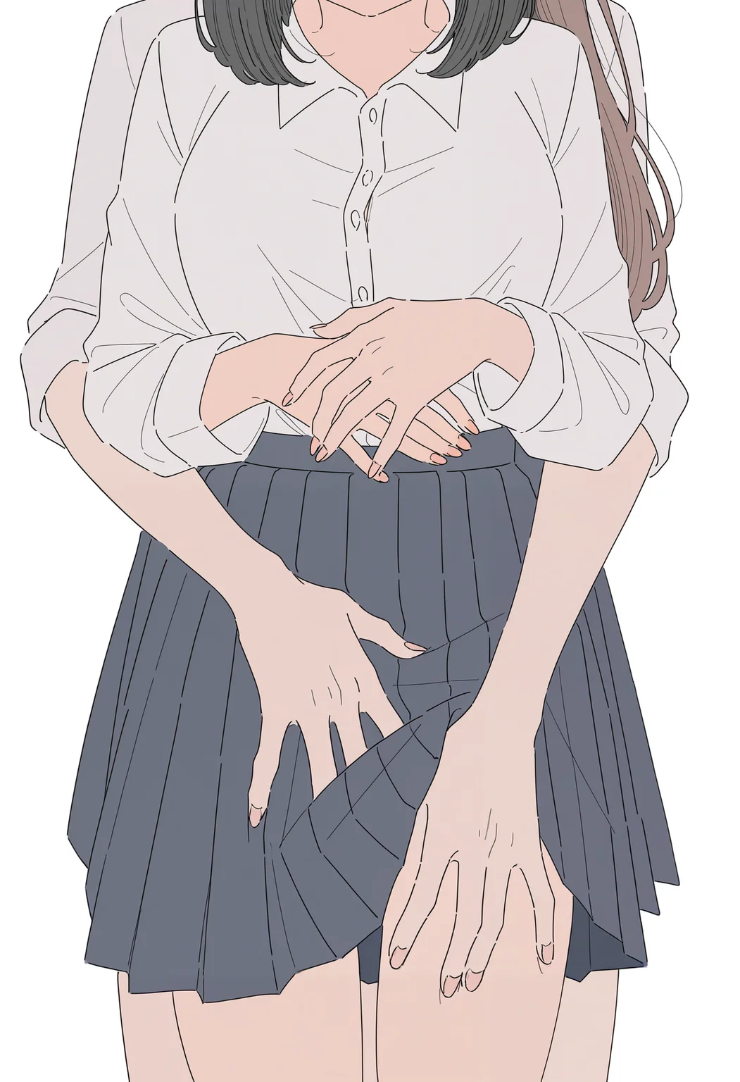 2girls, multiple girls, yuri, short hair, long hair, black hair, brown hair,
school uniform, white shirt, shirt tucked in, pleated skirt, black skirt, medium breasts, sleeves rolled up,
(hug from behind, clothes lift:1.2), lifting another's clothes, skirt lift, hand on another's thighs, straight-on, head out of frame,
simple background,
masterpiece, best quality, amazing quality, absurdres, newest,
<lora:kamatama_rom:0.9>