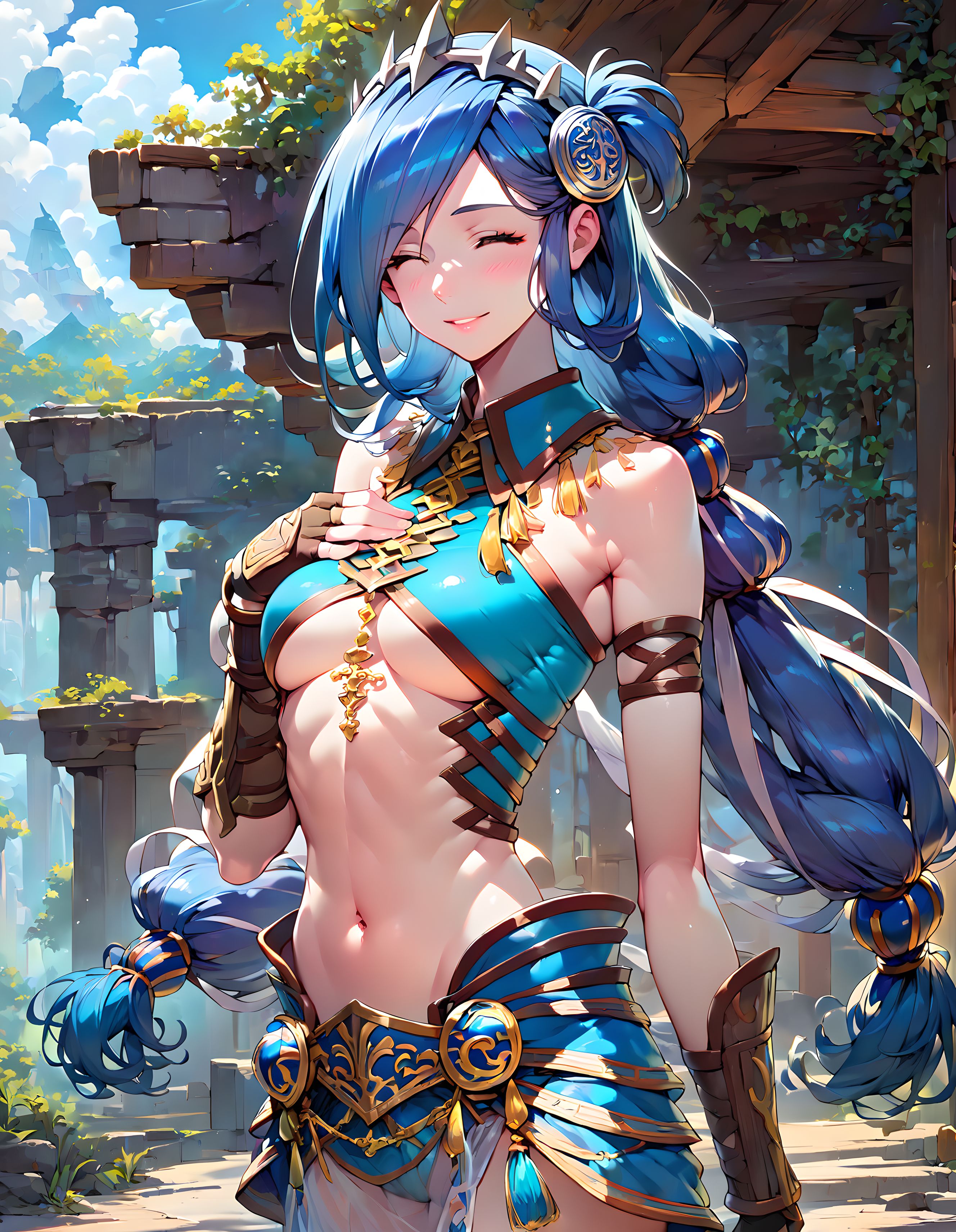 <lora:pony_xl_dana:0.9>,dana,score_9,score_8_up,score_7_up,source_anime,1girl,solo,hair over one eye,shiny hair,midriff,underboob,navel,bracer,transparent sleeve,shiny,fingerless gloves,transparent hem,smile,:d,happy,light_blush,closed eyes,nature,remains,cowboy_shot,standing,hands_on_own_chest,