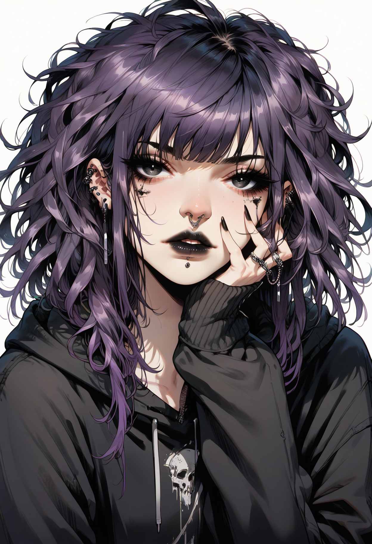 score_9, score_8_up, score_7_up score_9, score_8_up, score_7_up, score_6_up, score_5_up, score_4_up,
 <lora:GothGirlAestheticV5-000015:1> g0th,
1girl, black lips, solo, black nails, messy hair, black hair, white background, hood, looking at viewer, sleeves past wrists, simple background, hoodie, long hair, purple hair, black eyes, piercing, nail polish, nose piercing, upper body, hand on own face, black hoodie, long sleeves
