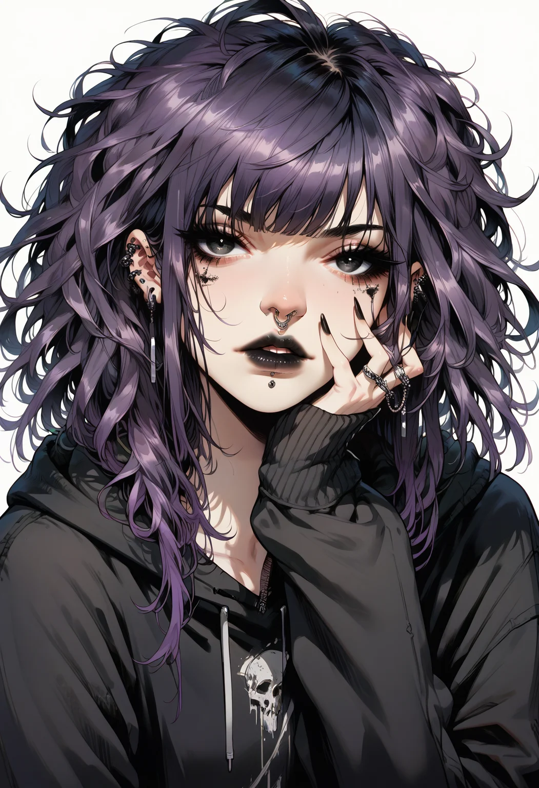 score_9, score_8_up, score_7_up score_9, score_8_up, score_7_up, score_6_up, score_5_up, score_4_up,
<lora:GothGirlAestheticV5-000015:1> g0th,
1girl, black lips, solo, black nails, messy hair, black hair, white background, hood, looking at viewer, sleeves past wrists, simple background, hoodie, long hair, purple hair, black eyes, piercing, nail polish, nose piercing, upper body, hand on own face, black hoodie, long sleeves