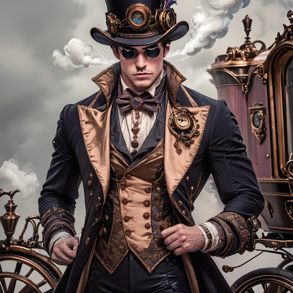 core_9, score_8_up, score_7_up, score_6_up,  <lora:RococoSteampunkPony:1>  ArsMJStyle, Rococo Steampunk, The image shows a man in a waistcoat and top hat adjusting his clockwork monocle while standing in front of a steam-powered carriage.waistcoat, top hat, monocle, carriage, clockwork, brass, steam-powered, man, solo, steampunk, rococo