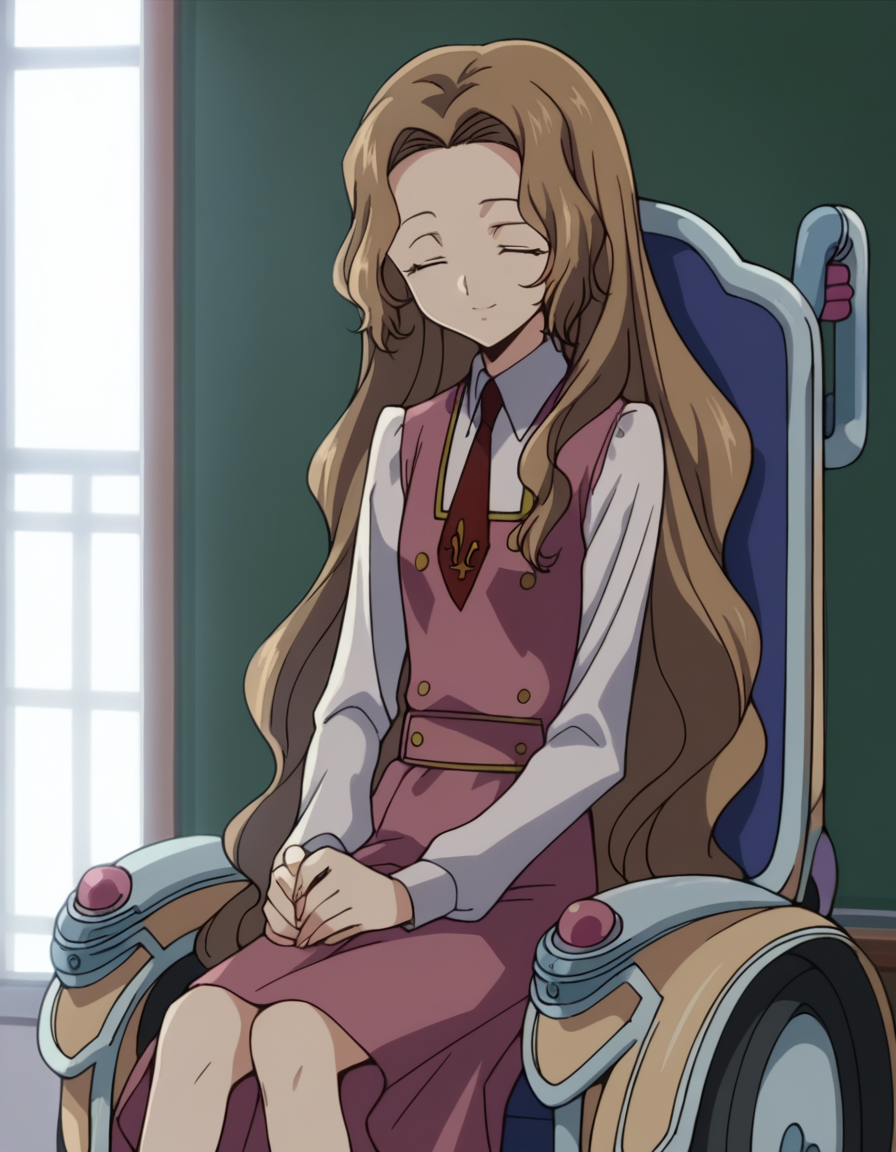 score_9, score_8_up, score_7_up, source_anime,
nunnallylamperouge, <lora:nunally-lamperouge-s1-ponyxl-lora-nochekaiser:1>,
nunnally lamperouge, long hair, brown hair, very long hair, closed eyes,
long sleeves, dress, school uniform, necktie, red necktie, ashford academy school uniform, wheelchair,
indoors, sitting, classroom, smile,
looking at viewer, dutch angle, cowboy shot, solo,