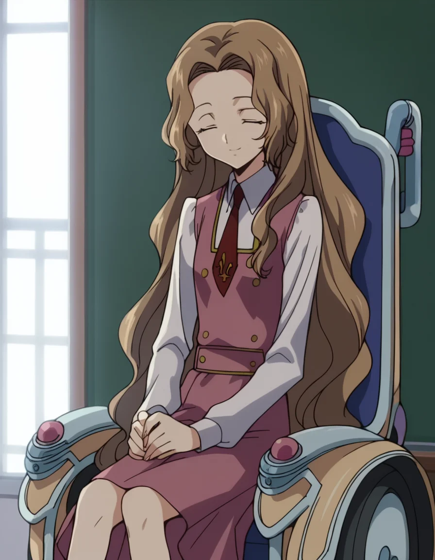 score_9, score_8_up, score_7_up, source_anime,
nunnallylamperouge, <lora:nunally-lamperouge-s1-ponyxl-lora-nochekaiser:1>,
nunnally lamperouge, long hair, brown hair, very long hair, closed eyes,
long sleeves, dress, school uniform, necktie, red necktie, ashford academy school uniform, wheelchair,
indoors, sitting, classroom, smile,
looking at viewer, dutch angle, cowboy shot, solo,