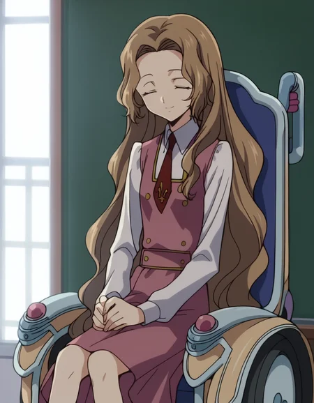 score_9, score_8_up, score_7_up, source_anime,
nunnallylamperouge, <lora:nunally-lamperouge-s1-ponyxl-lora-nochekaiser:1>,
nunnally lamperouge, long hair, brown hair, very long hair, closed eyes,
long sleeves, dress, school uniform, necktie, red necktie, ashford academy school uniform, wheelchair,
indoors, sitting, classroom, smile,
looking at viewer, dutch angle, cowboy shot, solo,
