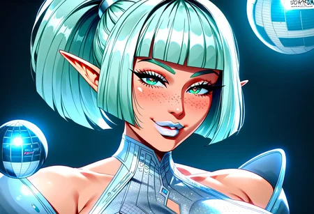 g4n1m3, huge breasts, white lipstick, bob cut ponytail, elf, sexy, perfect eyes, shimmering eyes, seductive smile, perfect hands, ornate, detailed and shaded, breasts, futuristic ball gown, feminine, beautiful, posed, blushing hard, lightly freckled face, tight outfit,