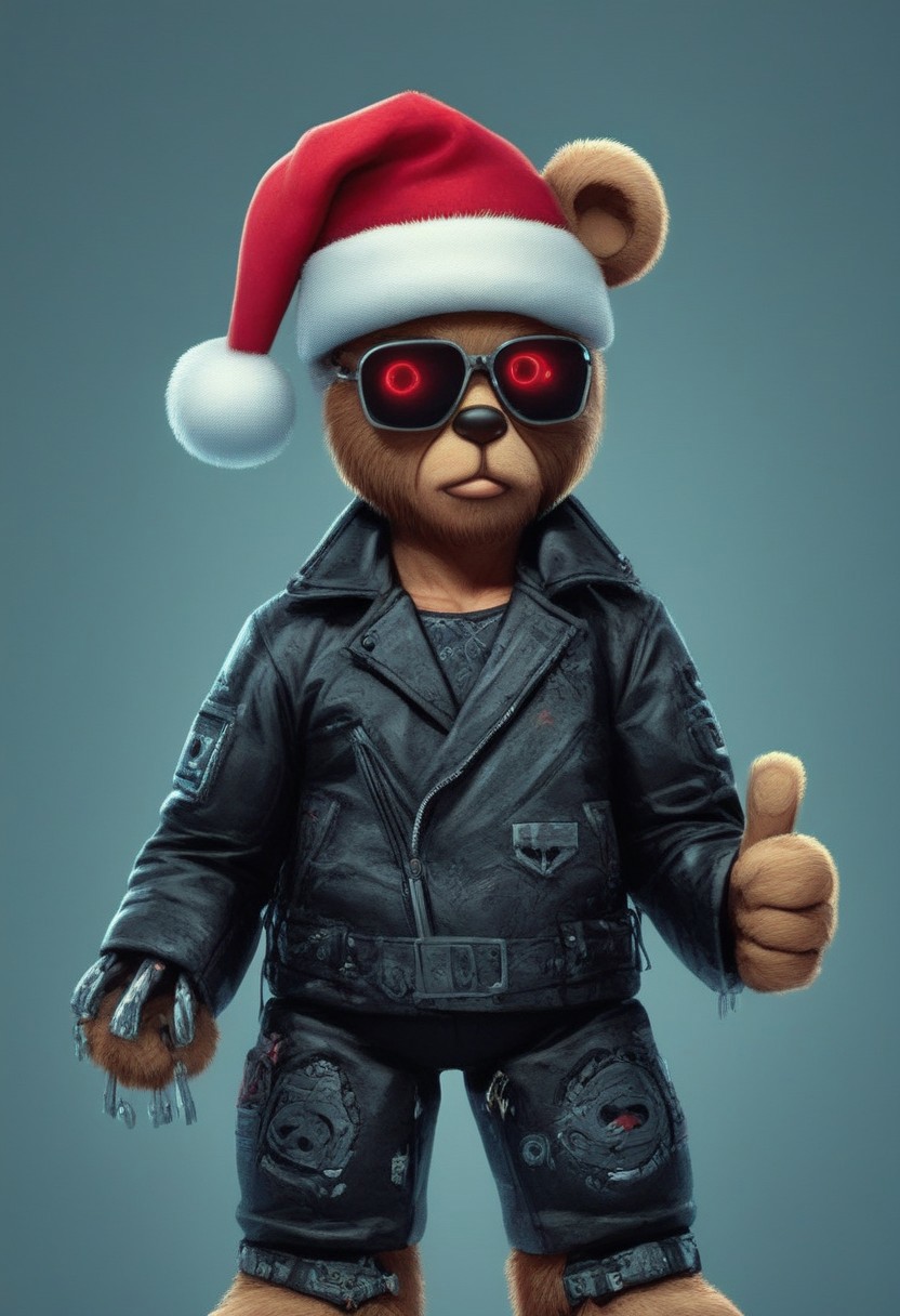 xmastedx, cyberpunk cyborg christmas bears, thumb up, highly detailed, sunglasses, cyberpunk santa hat,  AtompunkSDXL