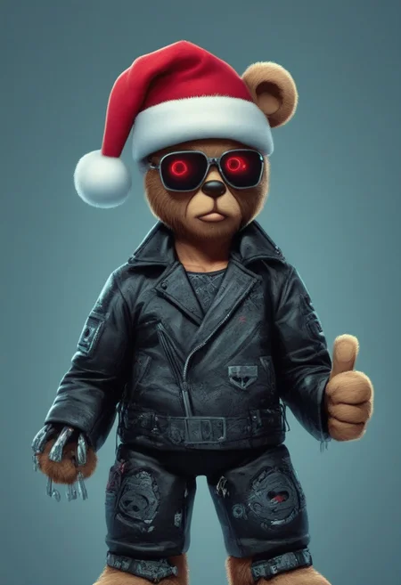 xmastedx, cyberpunk cyborg christmas bears, thumb up, highly detailed, sunglasses, cyberpunk santa hat, AtompunkSDXL