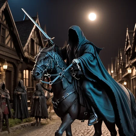TheNazgul1024, wears a cape, ride a horse, night, creepy hauted town, detailed eyes, highly detailed, photography, ultra sharp, film, bokeh, professional, 4k <lora:add-detail-xl:1.5> <lora:TheNazgul1024:0.8>