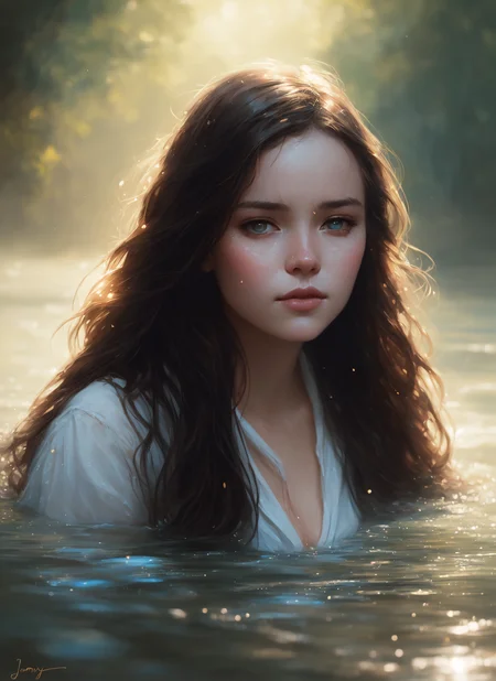 close up portrait of a cute woman bathing in a river, reeds, (backlighting), realistic, masterpiece, highest quality, lens flare, shade, bloom, [[chromatic aberration]], by Jeremy Lipking, by Antonio J. Manzanedo, digital painting