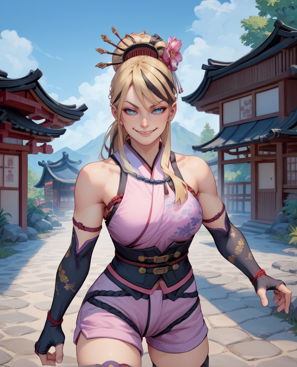 score_9,score_8_up,score_7_up,score_6_up,score_5_up,score_4_up,
setsukaxl,blonde hair,black hair,blue eyes,two-tone hair,ponytail,hair ornament,
black thighhighs, bare shoulders, pink kimono,fingerless gloves,smug,pink shorts,   
standing, 
japanese village,night,
<lora:setsuka:0.8>,
