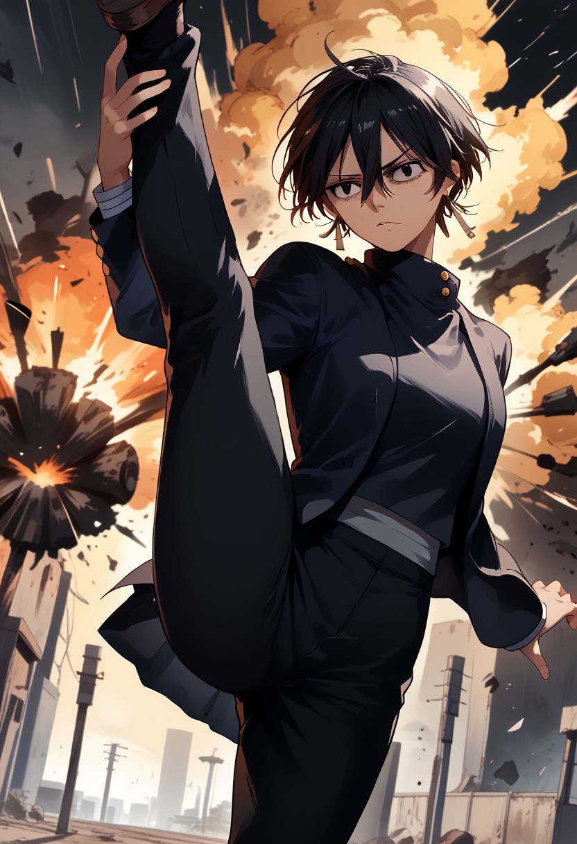 score_9, score_8_up, score_7_up, score_6_up,  colored manga style BREAK h1yuk1k4g4r1, black hair, short hair, hair between eyes, bangs, school uniform, gakuran, earrings, black pants, tomboy, stern, high kick, explosion, apocalyptic street, highly detailed, beautiful art, beautiful background, beautiful lighting