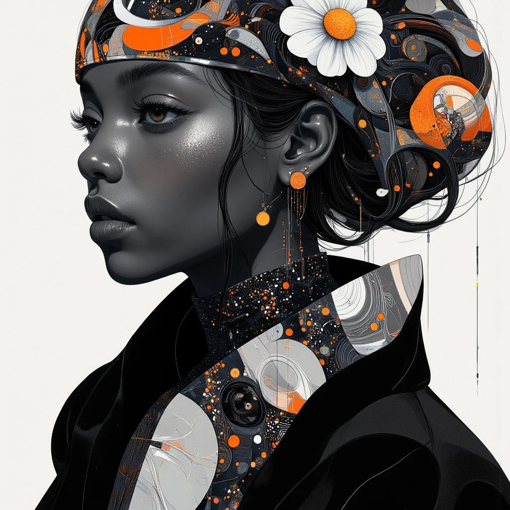8k, hyper-realistic, cinematic quality, photorealistic, HDR, featuring a striking black female model with intricately braided hair, posed gracefully in a structural black suit with exaggerated shoulders. The suit’s angular precision contrasts with a patterned undershirt and crisp white cuffs, evoking an architectural aesthetic infused with avant-garde artistry.
The model's accessories include statement earrings resembling crystalline fractals, adding a mathematical dimension to her look. Her expression is poised, her presence exuding strength and sophistication. The close-up editorial portrait emphasizes her flawless complexion and the interplay of bold textures.
The background is minimalist with subtle texture, a canvas for the sharp, directional lighting inspired by Kodak Tri-X 400's high-contrast monochrome style. The lighting highlights the sculptural elements of her attire and the geometric elegance of her accessories.
Adding a surreal twist, her headpiece features abstract shapes that mimic tessellations, cascading into intricate floral patterns that blend seamlessly with the folds of her high-neck gown. The monochromatic theme is punctuated by glossy coral lips and bold lashes, creating a modern yet timeless aesthetic.
The scene captures a fusion of haute couture, minimalist design, and the sublime precision of mathematics, inspired by Vogue Brasil covers and a structural-meets-ethereal aesthetic. velvet_myst, FFAIM,