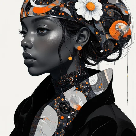 8k, hyper-realistic, cinematic quality, photorealistic, HDR, featuring a striking black female model with intricately braided hair, posed gracefully in a structural black suit with exaggerated shoulders. The suit’s angular precision contrasts with a patterned undershirt and crisp white cuffs, evoking an architectural aesthetic infused with avant-garde artistry.
The model's accessories include statement earrings resembling crystalline fractals, adding a mathematical dimension to her look. Her expression is poised, her presence exuding strength and sophistication. The close-up editorial portrait emphasizes her flawless complexion and the interplay of bold textures.
The background is minimalist with subtle texture, a canvas for the sharp, directional lighting inspired by Kodak Tri-X 400's high-contrast monochrome style. The lighting highlights the sculptural elements of her attire and the geometric elegance of her accessories.
Adding a surreal twist, her headpiece features abstract shapes that mimic tessellations, cascading into intricate floral patterns that blend seamlessly with the folds of her high-neck gown. The monochromatic theme is punctuated by glossy coral lips and bold lashes, creating a modern yet timeless aesthetic.
The scene captures a fusion of haute couture, minimalist design, and the sublime precision of mathematics, inspired by Vogue Brasil covers and a structural-meets-ethereal aesthetic. velvet_myst, FFAIM,