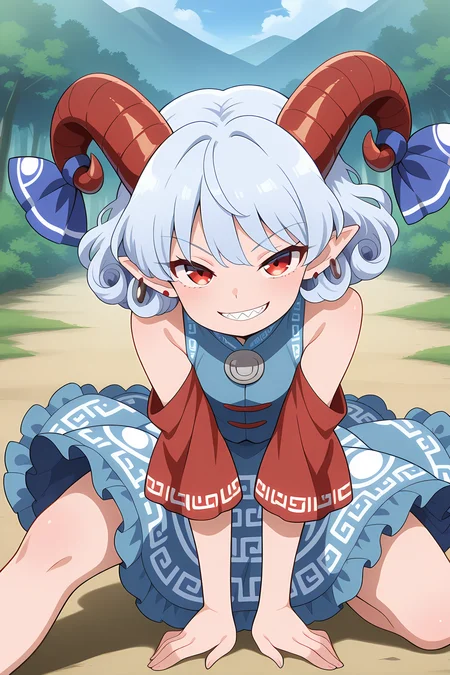 absurdres, highres, masterpiece, best quality, amazing quality, official anime artwork, screencap, anime screencap, outdoors, looking at viewer, light smile, dynamic pose,
 <lora:Yuuma-Toutetsu_Illustrious:1> toutetsu yuuma, 1girl, solo, red eyes, white hair, short hair, curly hair, red horns, curled horns, sharp teeth,, horn ribbon, blue ribbon, blue dress, bare shoulders, red sleeves, meandros print,