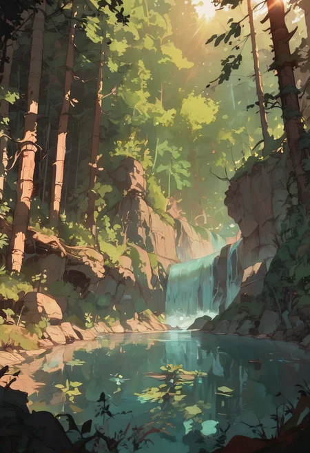 score_9, score_8_up, score_7_up, score_6_up, zy_bebbo, nature, forest, water, river, sunny, lens flare, <lora:zy_bebbo_v1:0.8>