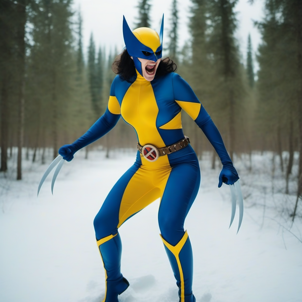 cinematic photo a full body woman with a mask and a blue and yellow bodysuit and claws, screams, snowy forest <lora:X-23-1024:0.8> . 35mm photograph, film, bokeh, professional, 4k, highly detailed